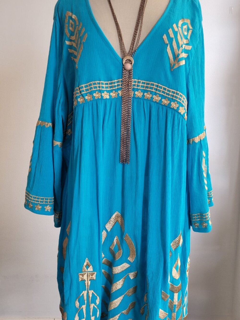 Soft Surroundings Zaneta Turquoise Babydoll Gold Flare Dress: (Size: XL) - Picture 7 of 16